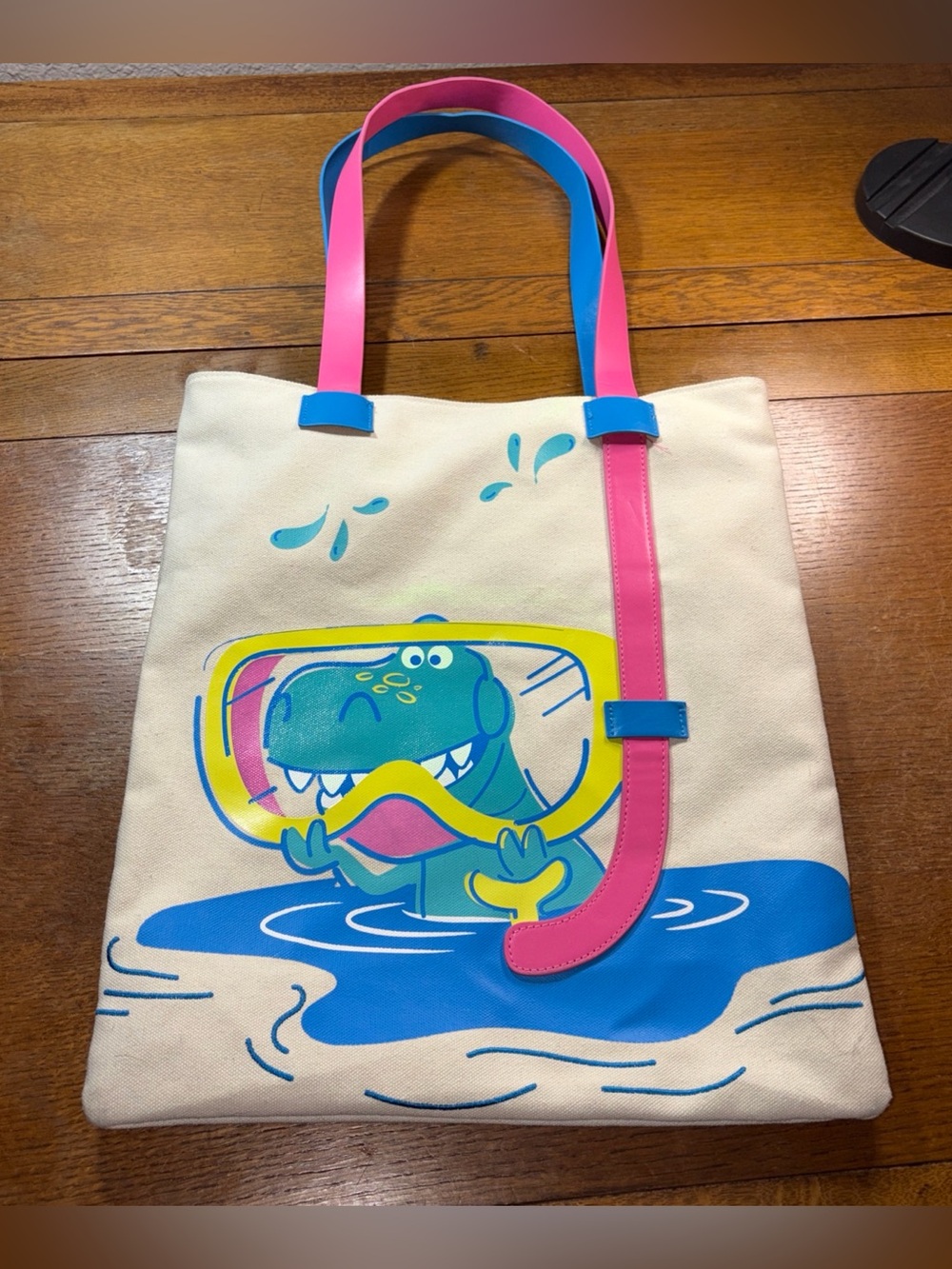 Disney Parks Toy Story Summer Splash Rex Tote Bag Beige With Multi Color Canvas
